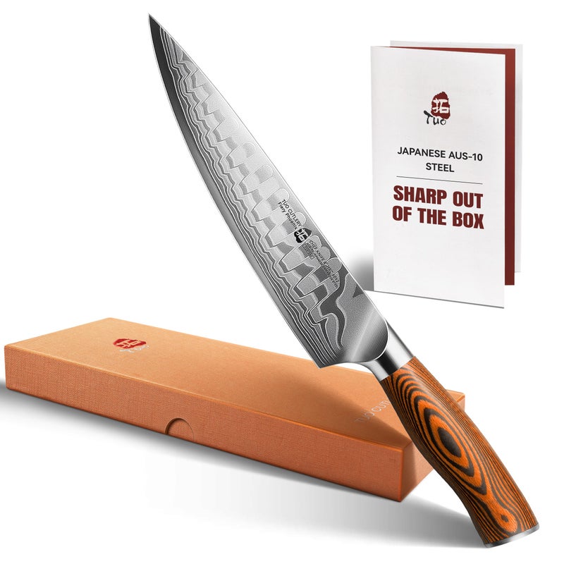 TUO سكين شيف TUO 8" من الفولاذ الياباني AUS-10، سكين مطبخ داماسكوس ب67 طبقة، شفرة من الفولاذ عالي الكربون بنمط التنين ومقبض باكاوود - Image 1